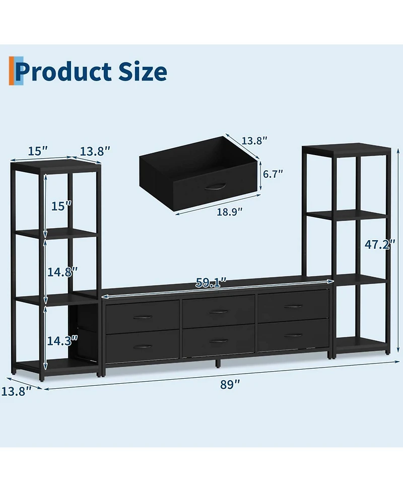 Large Tv Stand with Drawers and Bookshelves Entertainment Center Storage Media Console for TVs Up to 75 Inches Wall Unit Cabinet Living Room Black