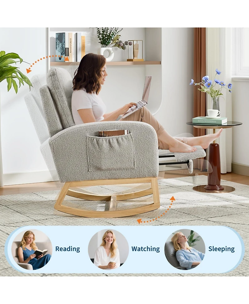 Rocking Chair Set of 2 Soft Fabric with Adjustable Footrest High Back Solid Wood Legs Dual Side Pockets for Living Room Nursery Dining Light Gray
