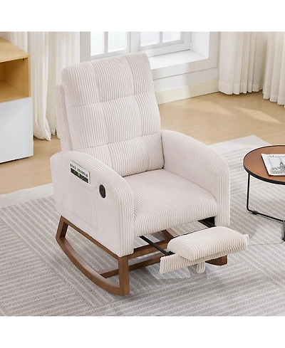 Upholstered Nursery Rocking Chair Glider Rocker Recliner w/Footrest, Side Pocket and Usb Port and Footrest, High Backrest Rocker Recliner for Nursery