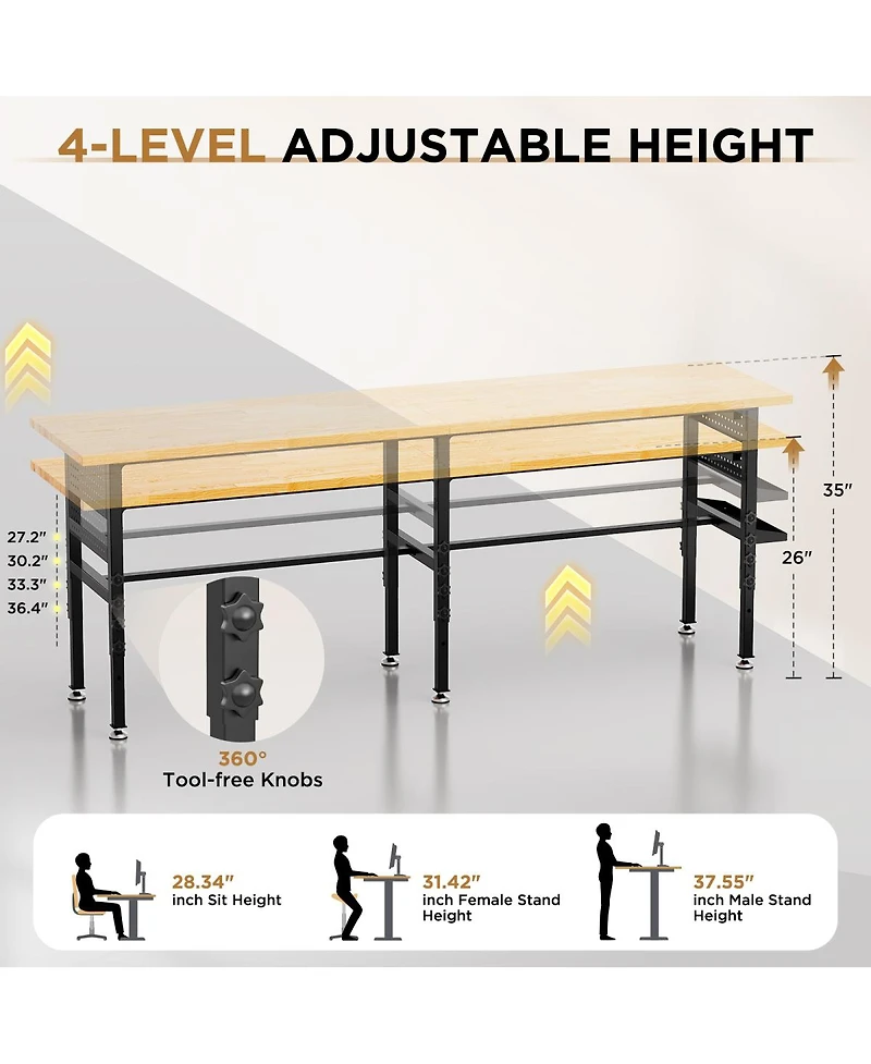 Streamdale Furniture 96" Adjustable Solid Wood Workbench with Power Outlet and Pegboard