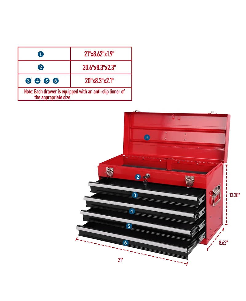 Streamdale Furniture 21-Inch Heavy Duty 4-Drawer Portable Metal Tool Box with Ball Bearing Slides