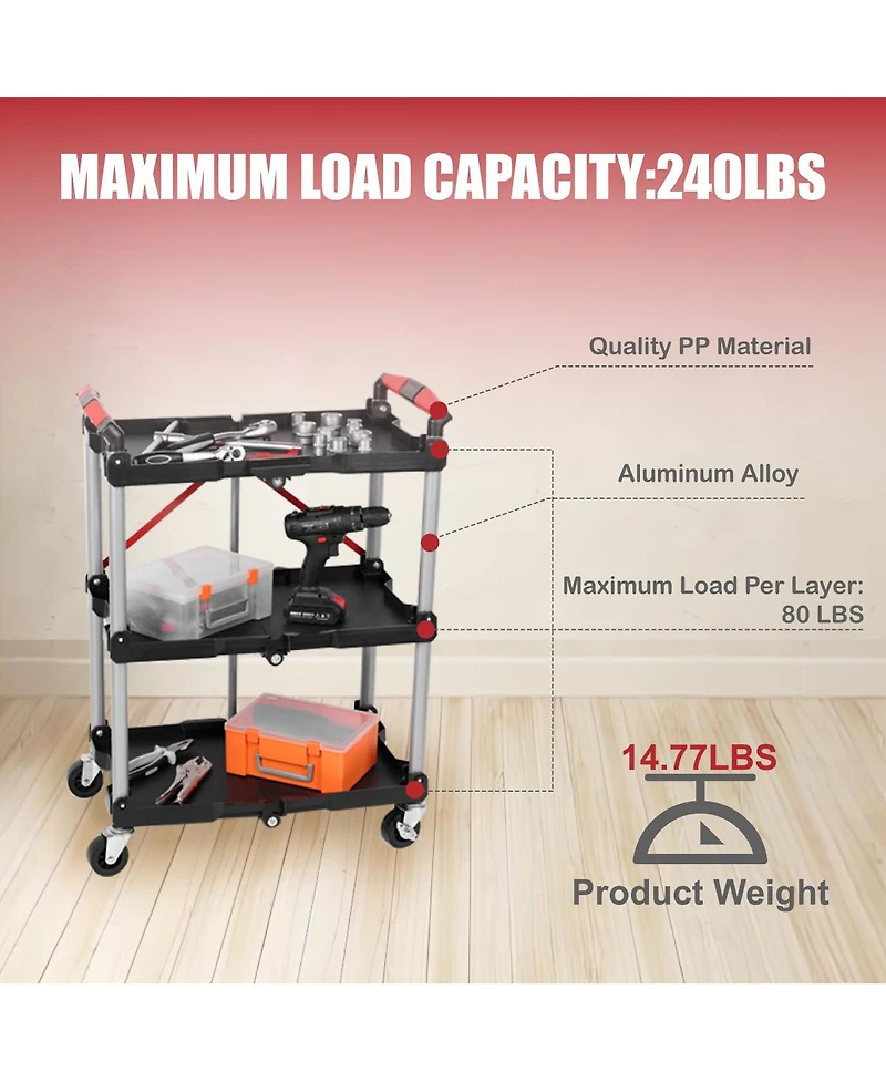 Streamdale Furniture Foldable 3-Shelf Heavy-Duty Utility Cart with Wheels