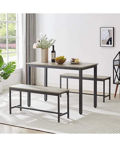 Flynama Industrial Dining Table Set with 2 Benches, Rustic Kitchen Table Set for 4, Space Saving Dining Furniture