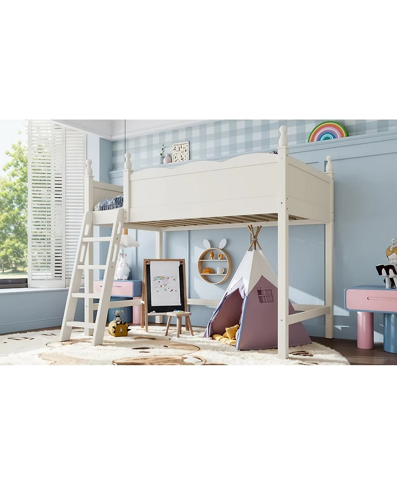 Streamdale Furniture Twin Wood Loft Bed with Guardrails, Ladder and Storage Space