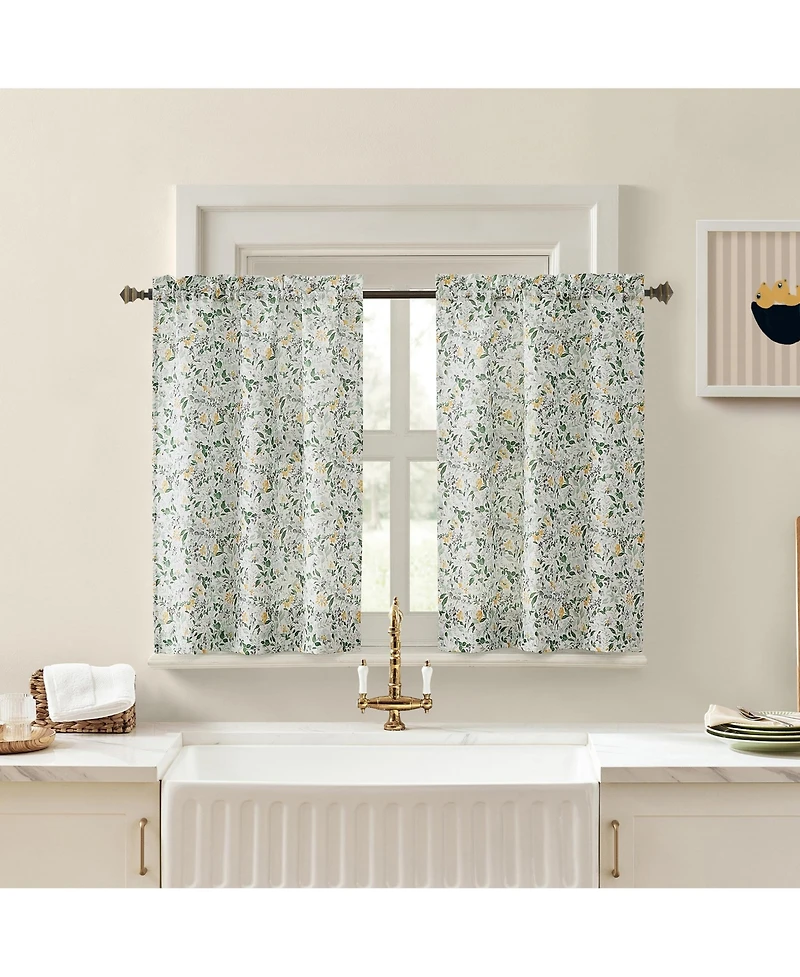 No. 918 Portia Watercolor Wildflower Semi-Sheer Rod Pocket Kitchen Curtain Tier Pair