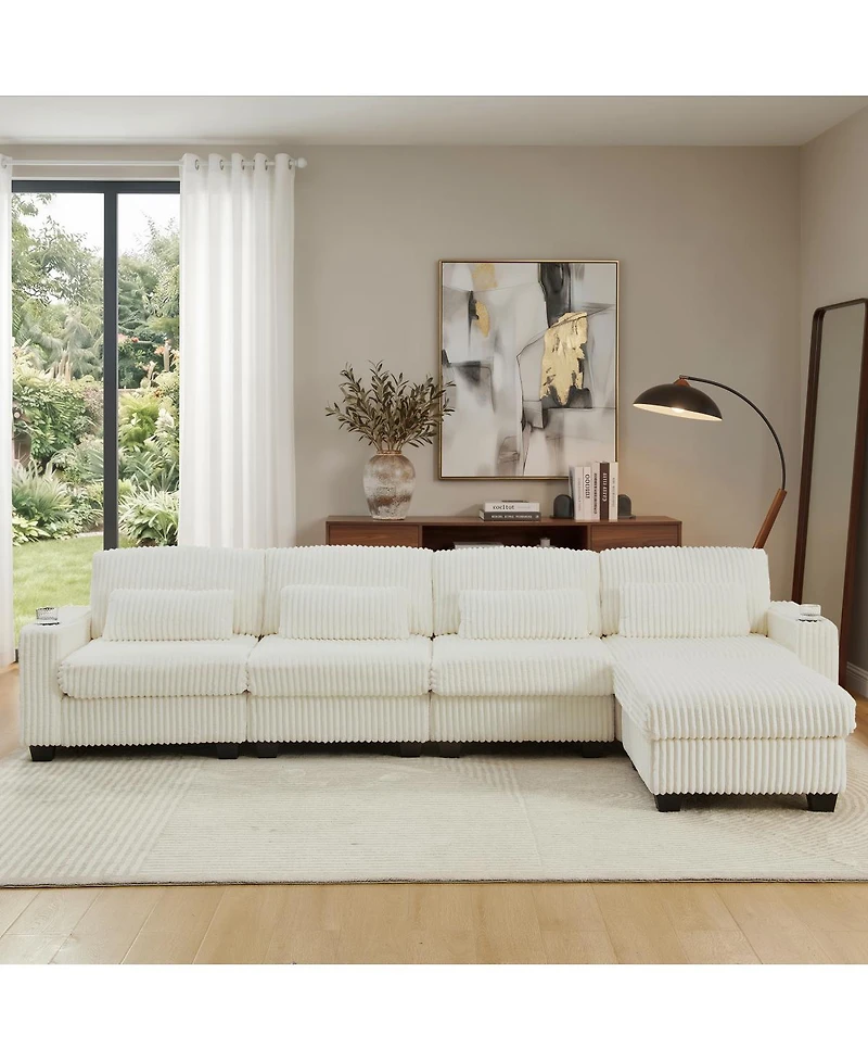 Streamdale Furniture L-Shaped Corduroy Modular Sectional Sofa with Storage and Cup Holders