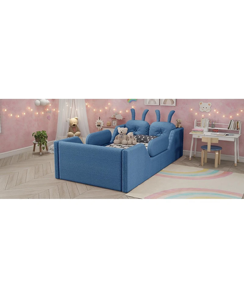 Streamdale Furniture Twin Upholstered Kids Floor Bed with Rabbit Cushion and Side Rails