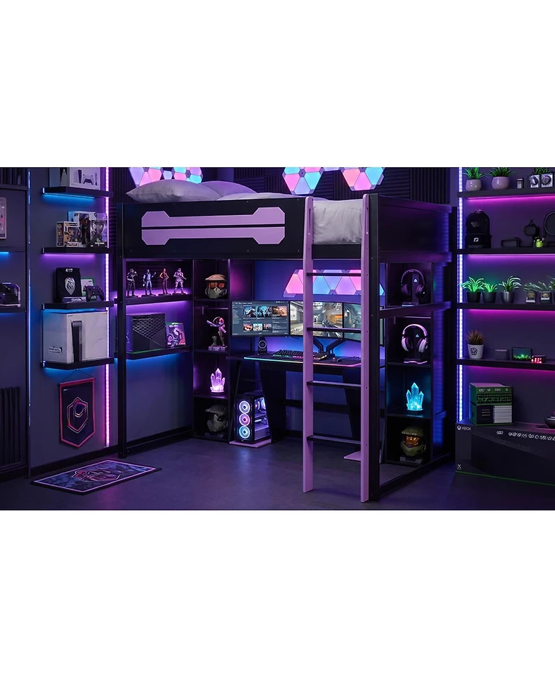 Streamdale Furniture Full-Size Wooden Gaming Loft Bed with Desk, Storage, Rgb Lights and Wardrobe