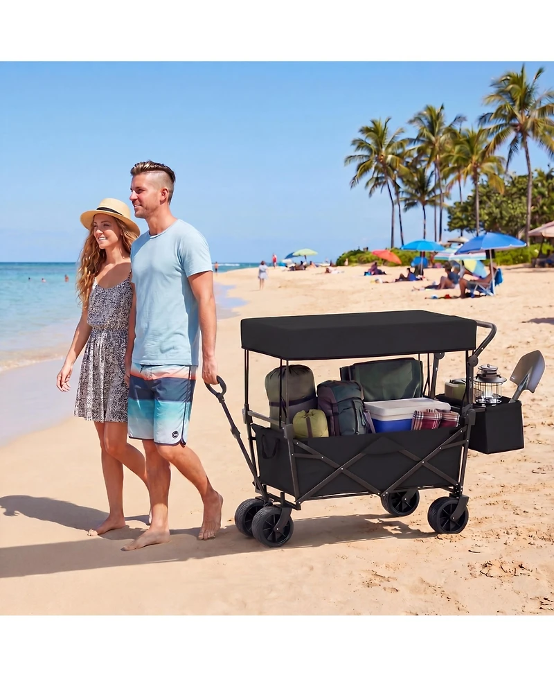 Costway Folding Utility Wagon with Detachable Canopy, Collapsible Garden Cart