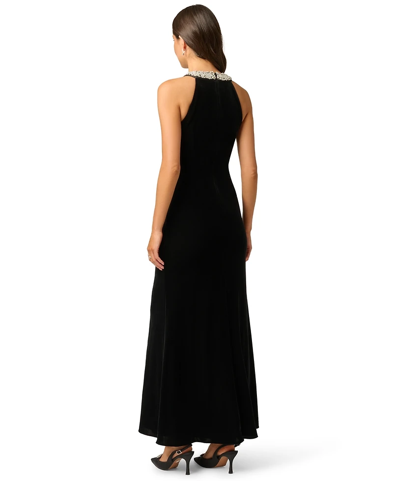 Adrianna Papell Petite Pearly Collar Velvet Sleeveless Halter Gown