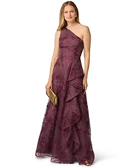 Adrianna Papell Women's Petite One-Shoulder Floral-Embroidered Ruffle Gown