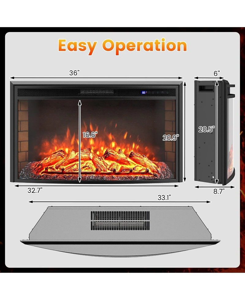 Gymax 36'' Curved Recessed Electric Fireplace Insert 750W/1500W Fireplace Heater Black