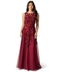 Adrianna Papell Women's Illusion Bead Mesh Long Wedding Guest Beaded Dress
