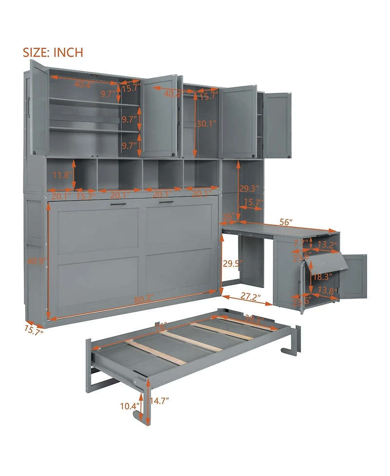 Clihome Twin Size Murphy Bed Wall Bed with Closet , Drawers and Desk