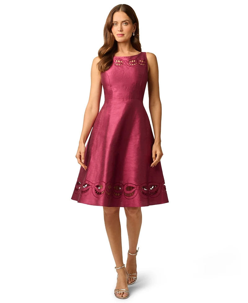 Adrianna Papell Women's Cutout Dupioni Midi Boat Neck Dress