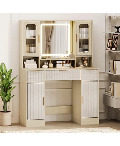 gaomon Vanity Desk with Mirror and Light, Makeup Dressing Table 2 Glass Cabinets, Large Cabinets 3 Wavy Drawers,