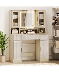 gaomon Vanity Desk with Mirror and Light, Makeup Dressing Table 2 Glass Cabinets, Large Cabinets 3 Wavy Drawers,