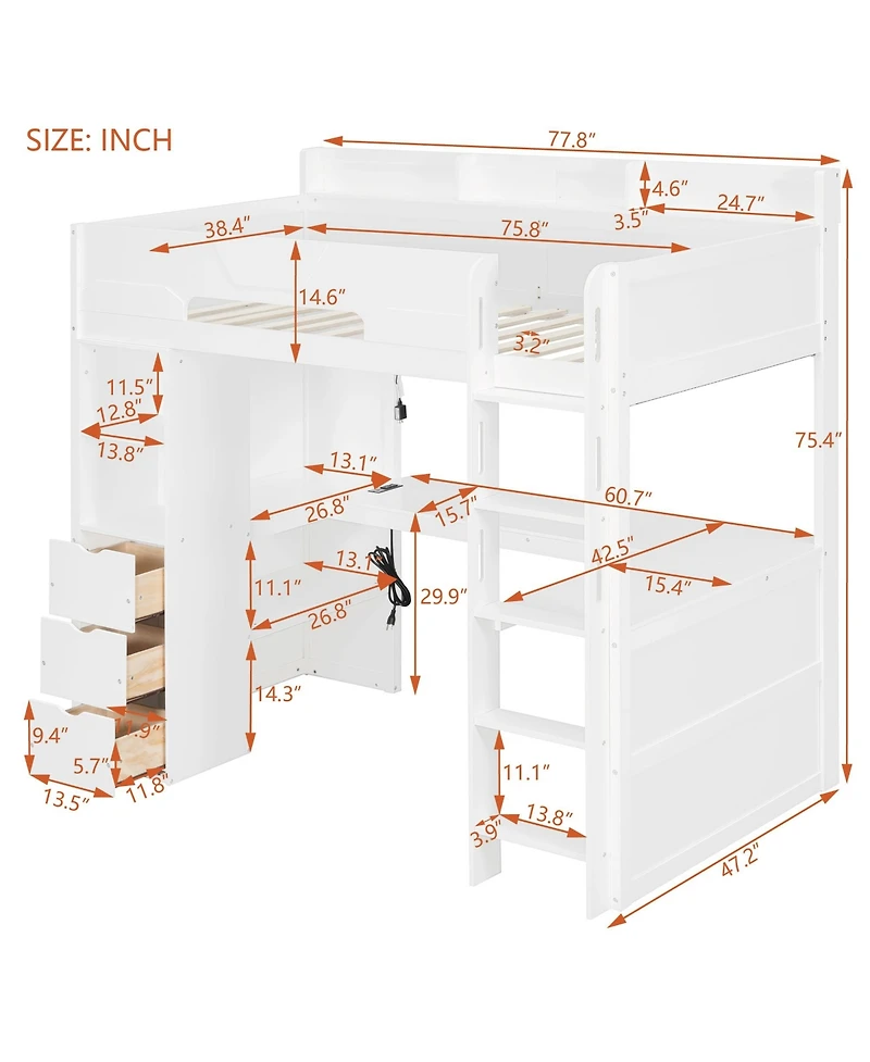 Clihome Twin Size Wooden Gaming Loft Bed with U-Shaped Desk, Smart Rgb Led Lights,Multi-Functional High Sleeper with 3 Drawers for Teens Adults