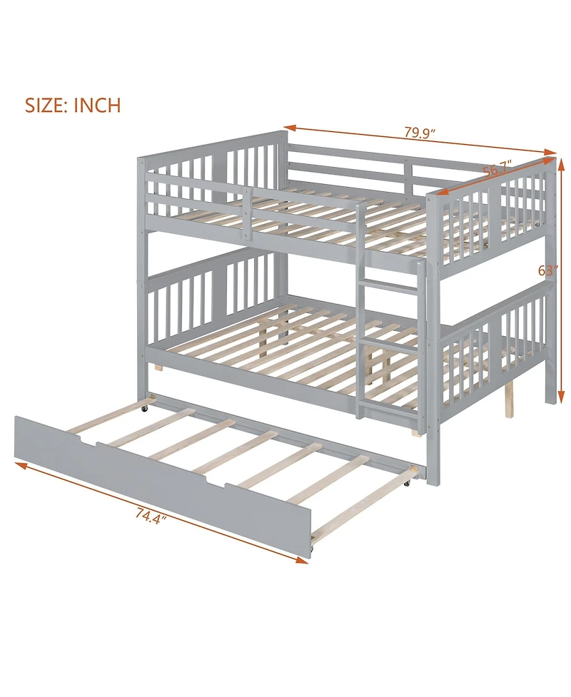 Clihome Full over Full Bunk Bed with Twin Size Trundle and Ladde