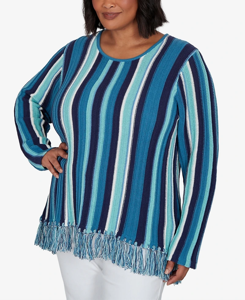 Hearts Of Palm Plus Stripe Fringe 3/4-Sleeve Pullover