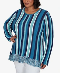 Hearts Of Palm Plus Stripe Fringe 3/4-Sleeve Pullover