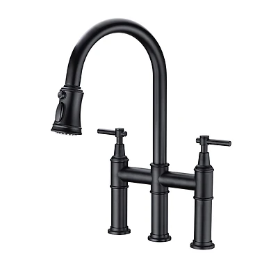 Thirtypeachy Bridge Kitchen Faucet with Pull-Down Sprayer, Dual Handle High Arc Brass Faucet with 360degree(s) Swivel Spout