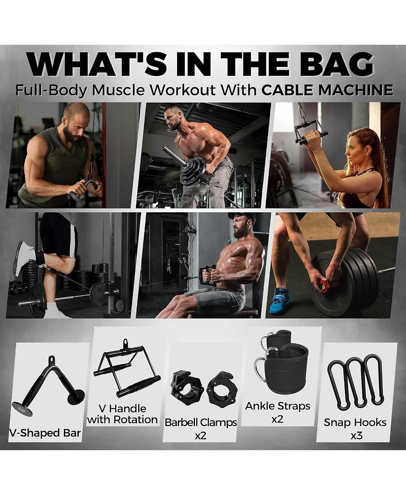 Mikolo Cable Attachments for Gym, Heavy-Duty Cable Machine Attachment Set with Lat Pulldown, V Bar, Double D Handle, Ankle Straps, and Barbell Clamps