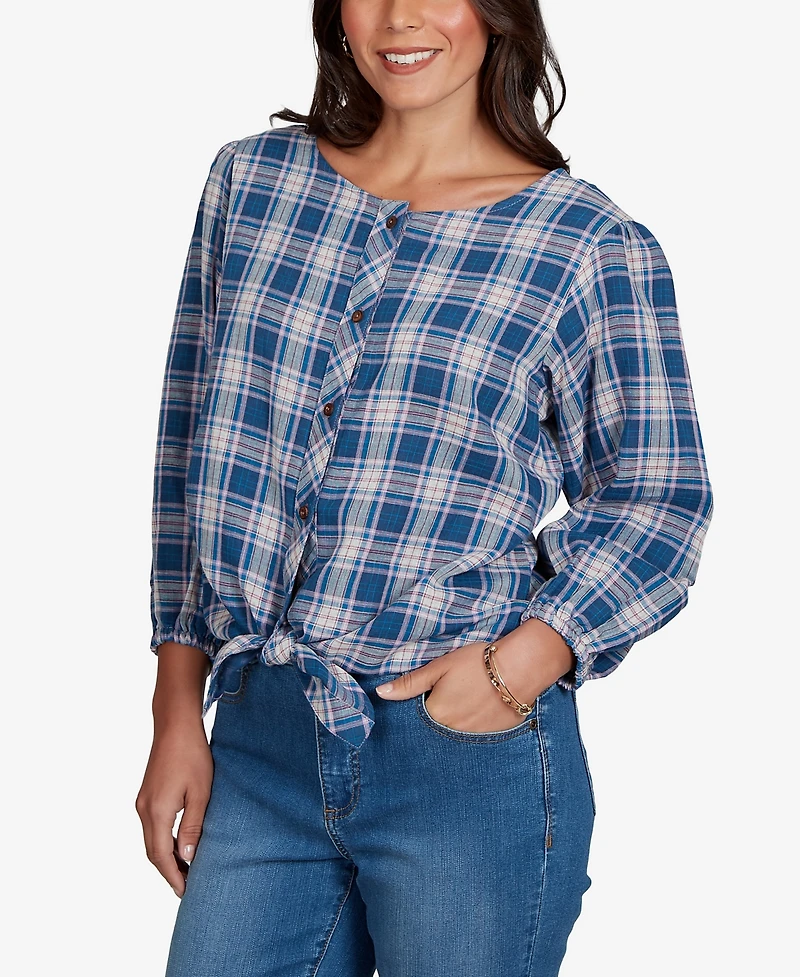 Ruby Rd. Petite Homestead Plaid 3/4-Sleeve Button-Front Top