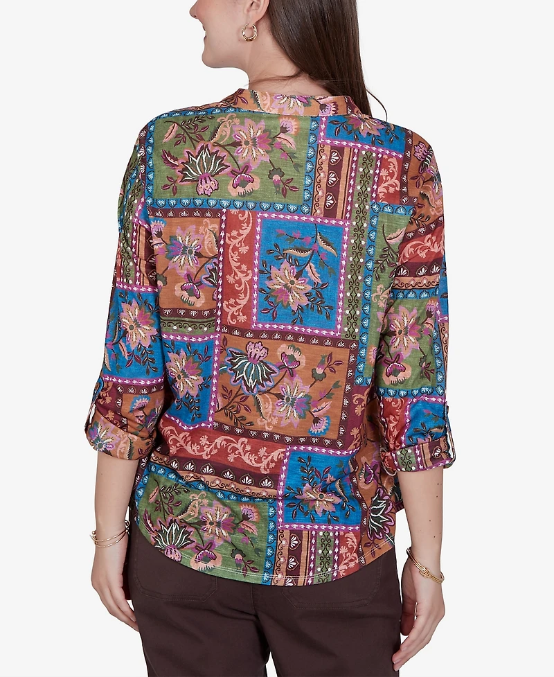 Ruby Rd. Petite Tapestry Top 3/4-Sleeve Floral-Print Button-Front Blouse