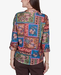 Ruby Rd. Petite Tapestry Top 3/4-Sleeve Floral-Print Button-Front Blouse