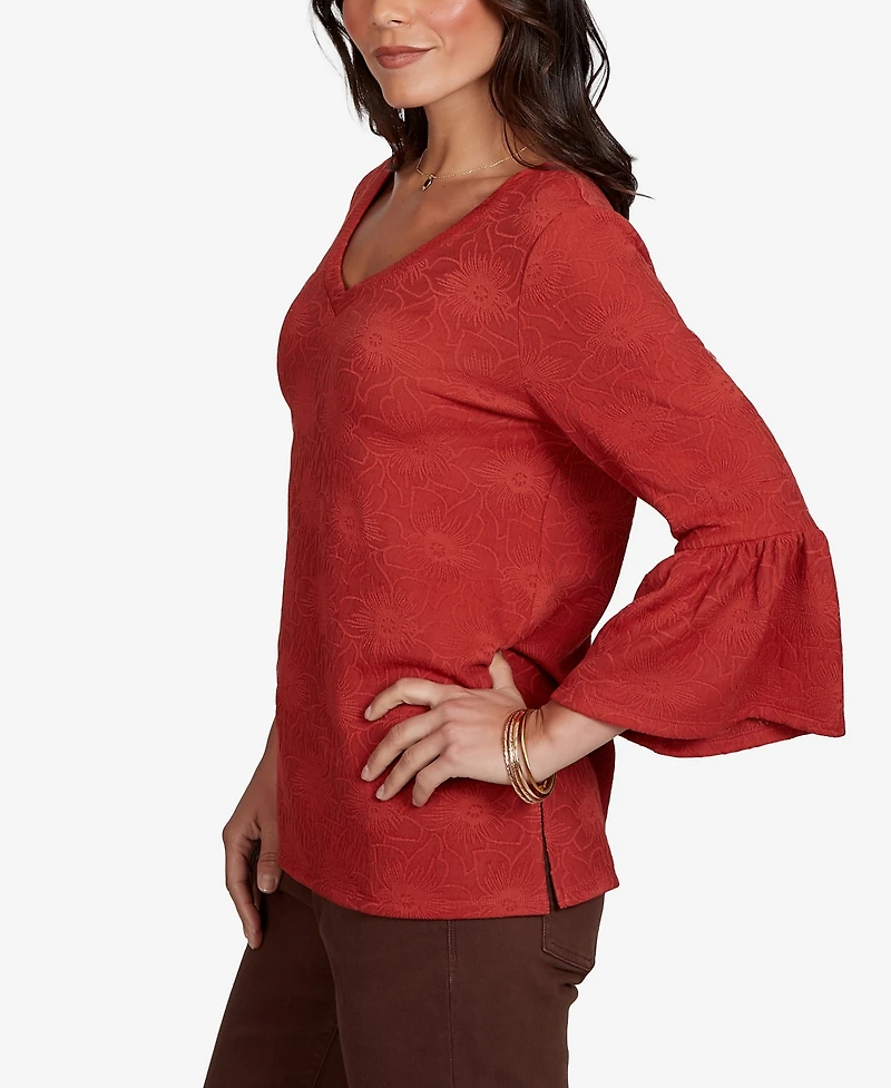 Ruby Rd. Petite V-Neck Floral-Print Bell-Sleeve Top