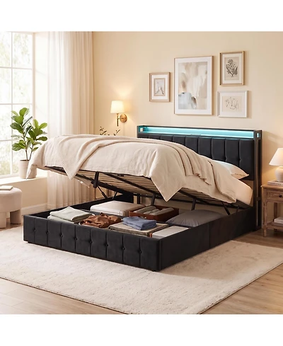 Gaomon King Bed Frame with Lift Up Storage and Led Lights, Velvet Bed with Storage Headboard and Charging Station, Metal Platform Bed