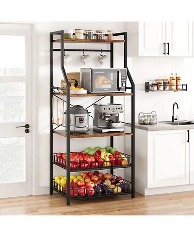 homfan 4-Tier Baker's Rack with Microwave Stand – 2 Baskets, 2 Wood Tops, 8 Hooks
