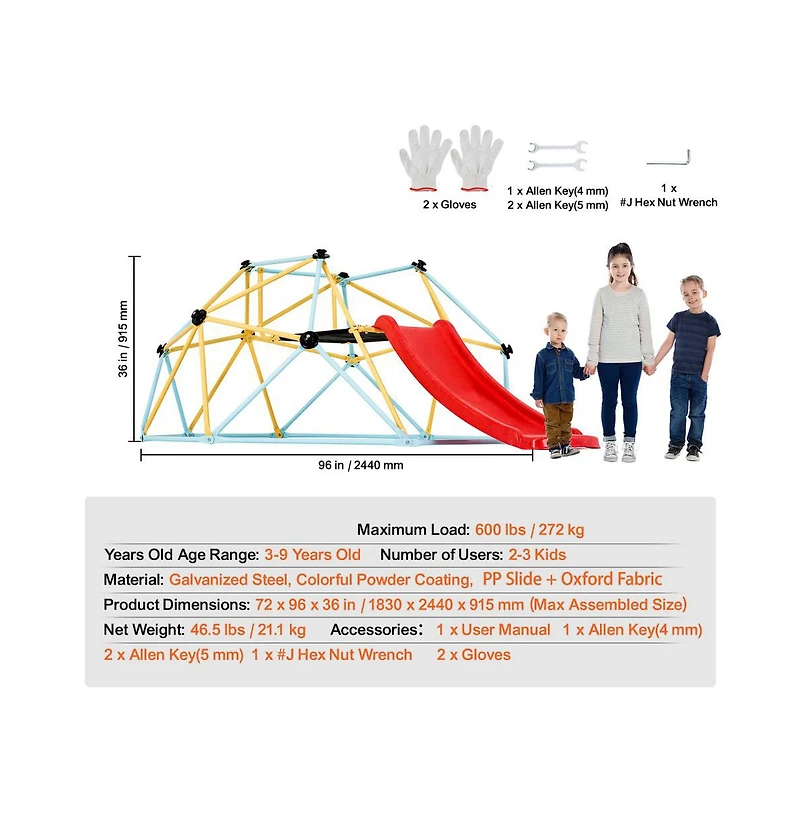 Slickblue Geometric Climbing Dome with Slide, 72" x 96" x 36", For 2-3 Kids, Ages 3-9