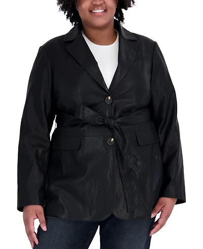 Tahari Plus Belted Faux Leather Trench Coat