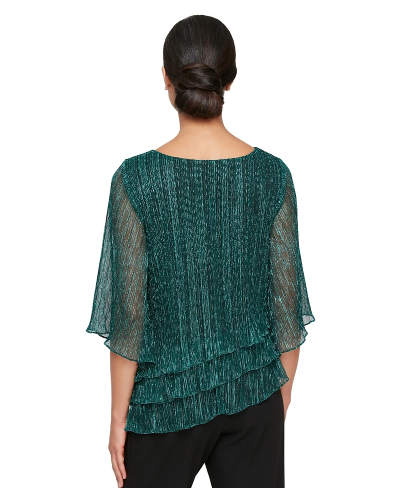 Alex Evenings Women's Metallic Asymmetric Triple-Tier 3/4-Sleeve Blouse