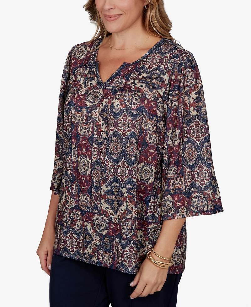 Ruby Rd. Plus Patchwork Henley 3/4-Sleeve Blouse