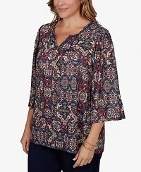 Ruby Rd. Plus Patchwork Henley 3/4-Sleeve Blouse