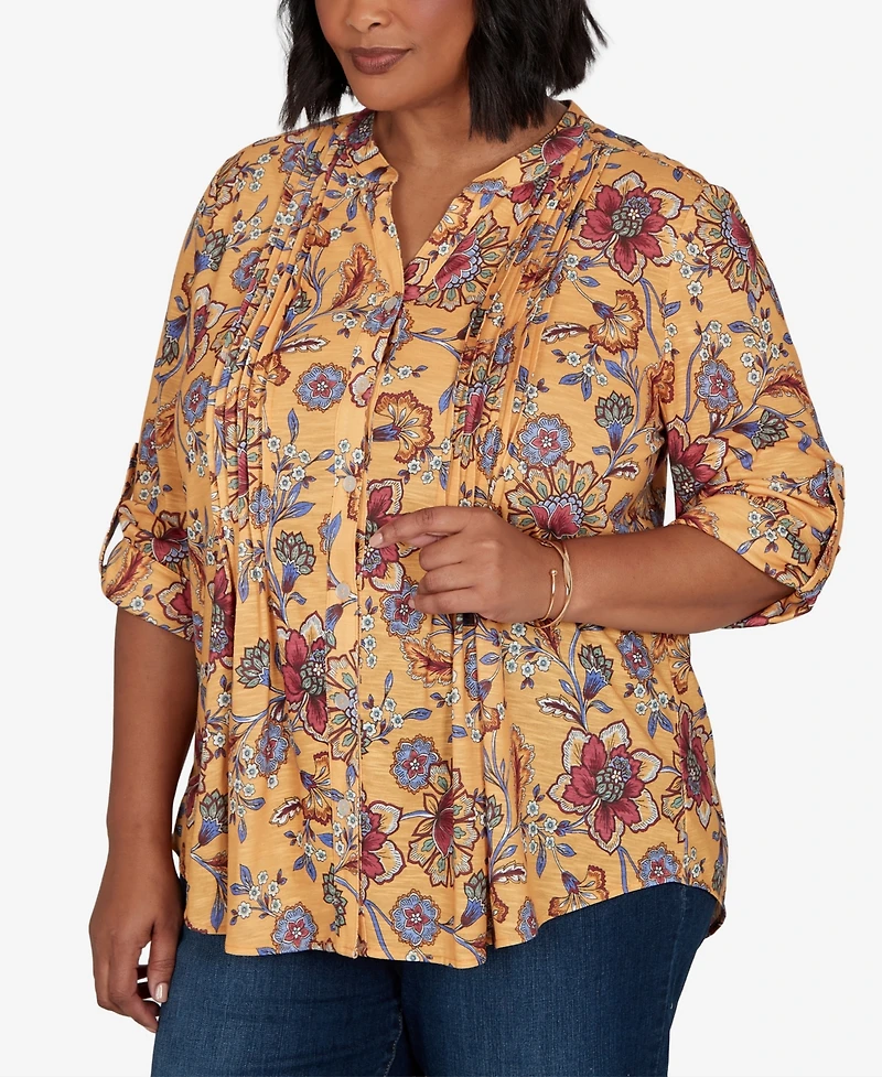 Ruby Rd. Plus Knit Vines Floral 3/4-Sleeve Henley Blouse