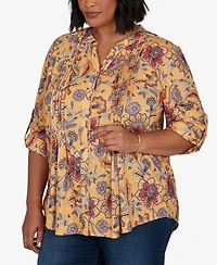 Ruby Rd. Plus Knit Vines Floral 3/4-Sleeve Henley Blouse