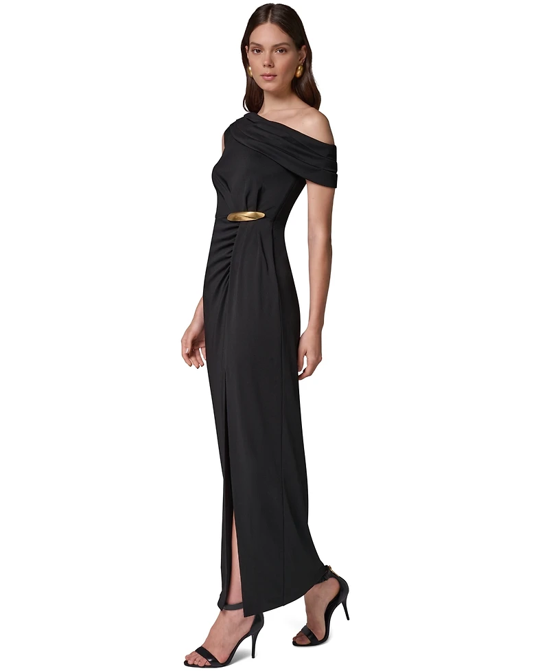 Donna Karan New York Women's Asymmetric Off-the-Shoulder Ruched Waist Maxi Dress