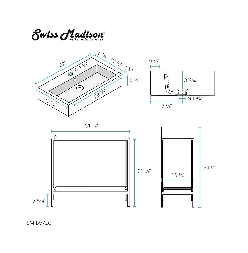 Swiss Madison Pierre Single, Freestanding, Open Shelf