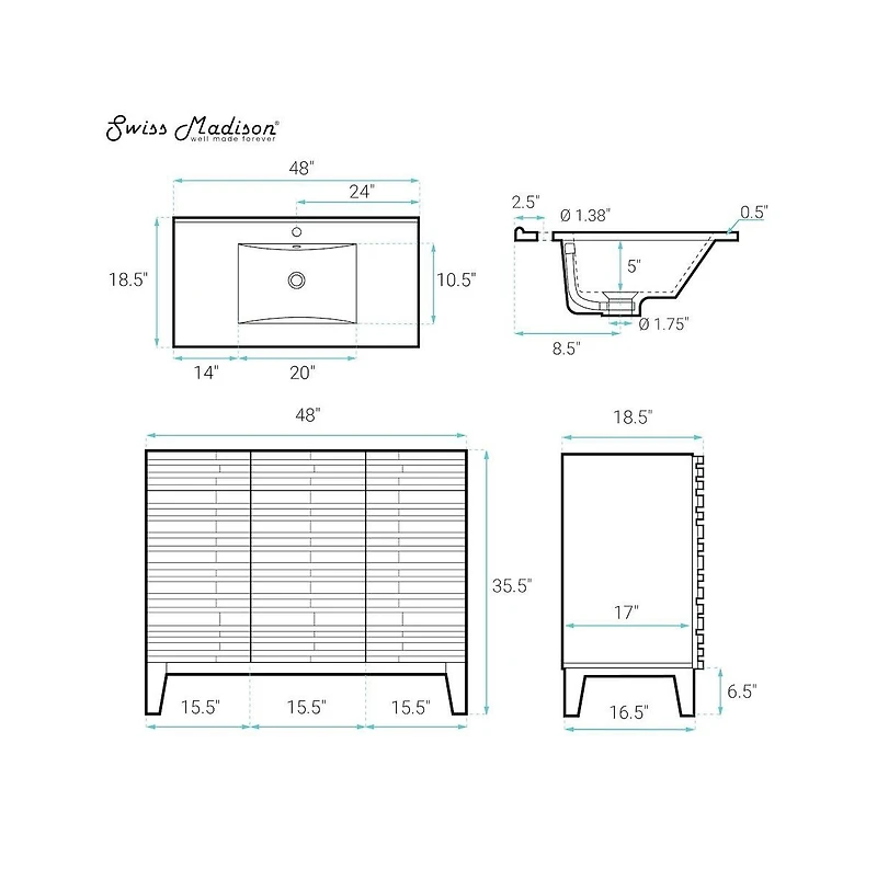 Swiss MadisonCascade 48" Freestanding Bathroom Vanity in Green Oak with Sink Top