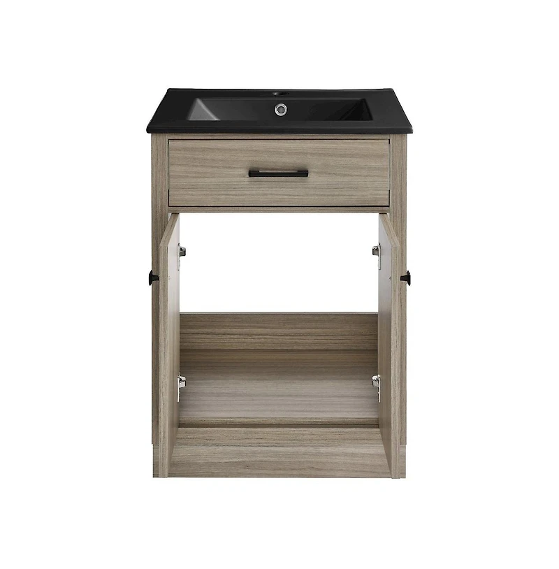 Swiss Madison Burdon 24 in. Brown Oak Bathroom Vanity With Black Ceramic Sink Top