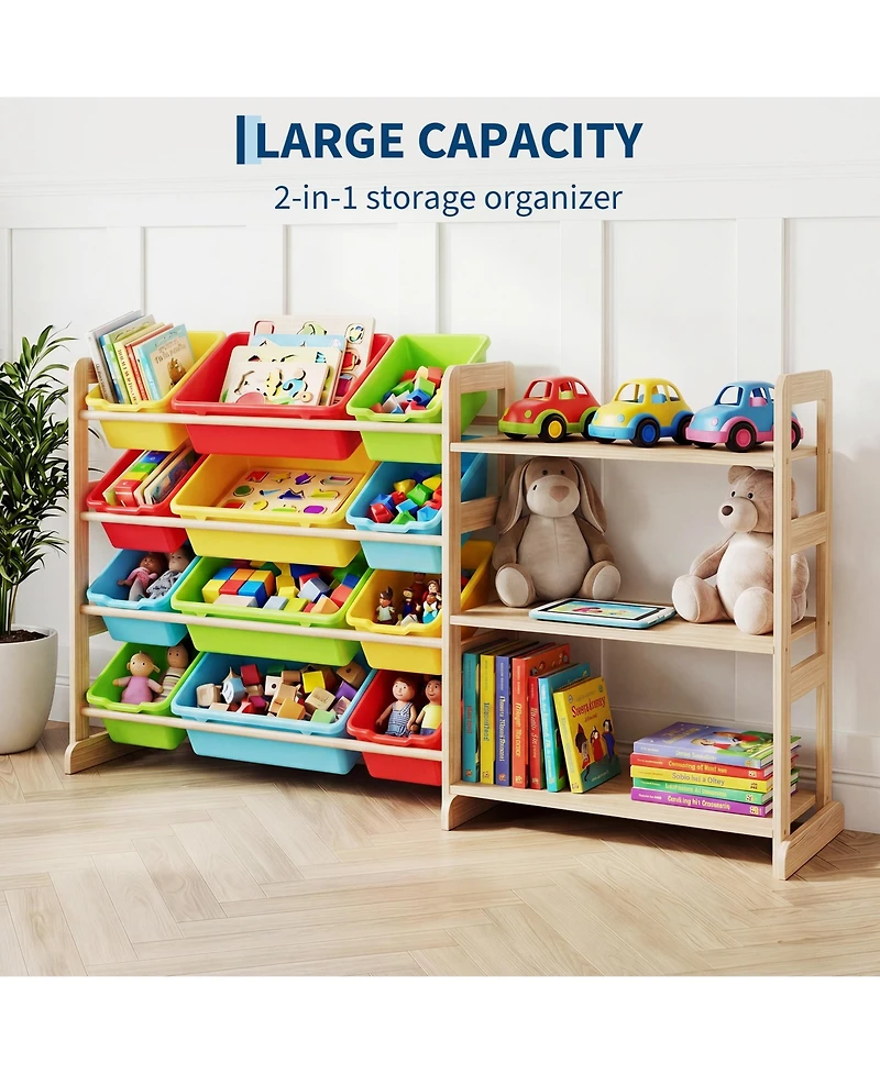 gaomon Kids Toy Storage Organizer 56" Wide Wood Bookshelf with 12 Bins and 3 Open Shelves Anti-Tip Rounded Edges for Playroom Bedroom Nursery