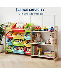 gaomon Kids Toy Storage Organizer 56" Wide Wood Bookshelf with 12 Bins and 3 Open Shelves Anti-Tip Rounded Edges for Playroom Bedroom Nursery
