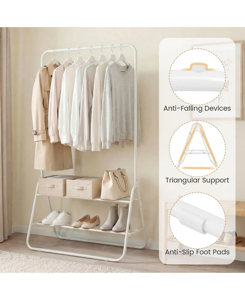 Sugift Heavy Duty Clothes Rack with Hanging Rod and 2 Storage Shelves Freestanding Garment Organizer