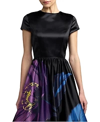 Mac Duggal Women's Satin Cap Sleeve Floral Printed A-Line Dress