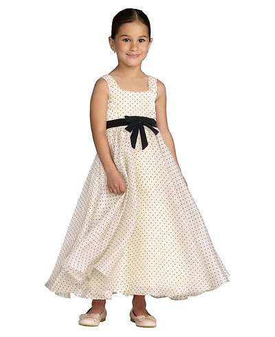 Mac Duggal Little Girls Polka Dot Chiffon Maxi Dress with Bow Sash