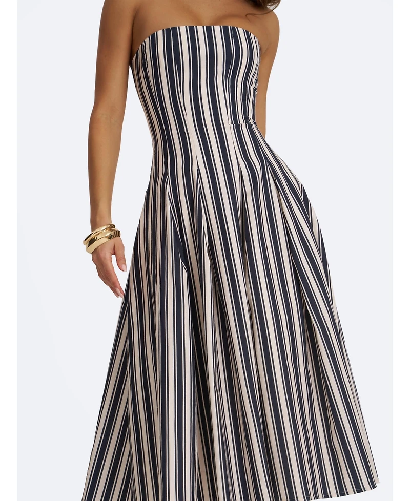Miss Circle Women's Wyanne Black and White Linen Striped Strapless Midi Dress